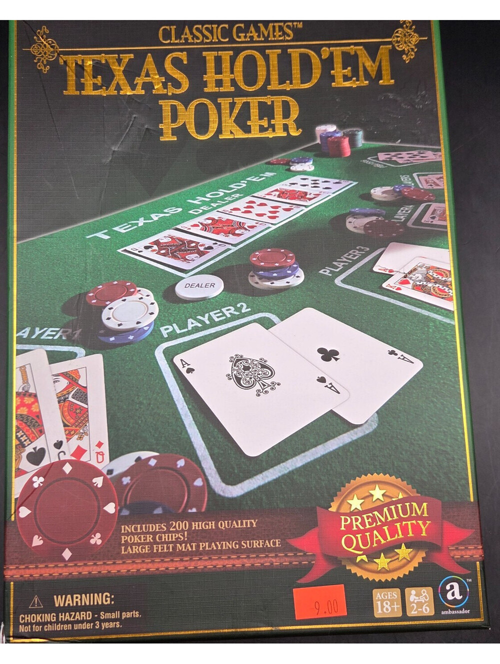 Classic Games Texas Hold’em Poker Set 200 Chips Felt Mat Cards Dealer Button NEW
